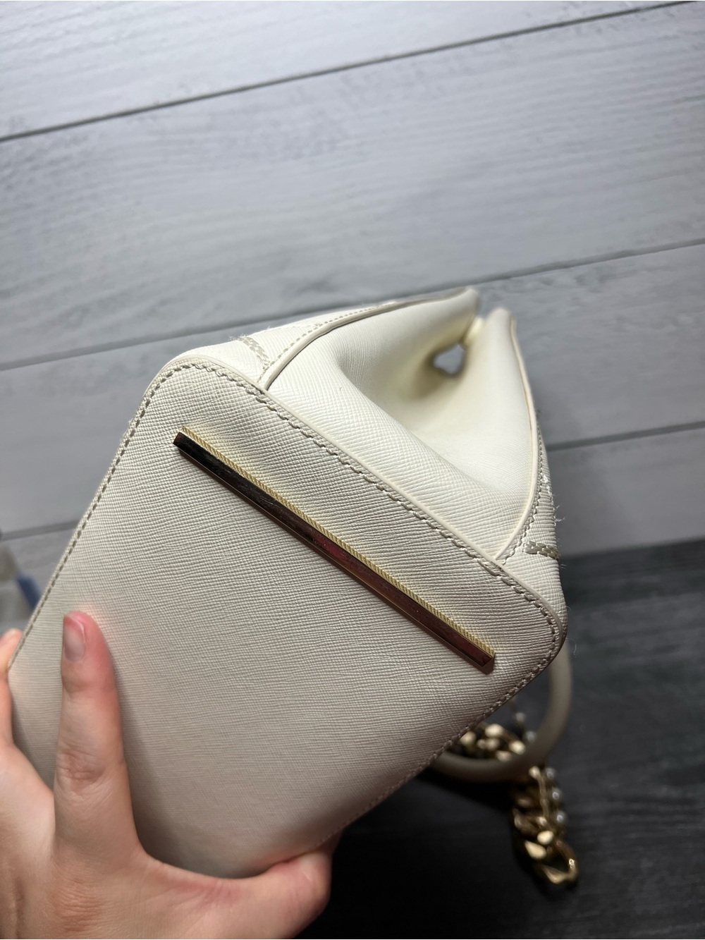 Tory Burch Cream Quilted Leather Satchel with Pearl & Gold Chain Strap - Picture 5 of 10